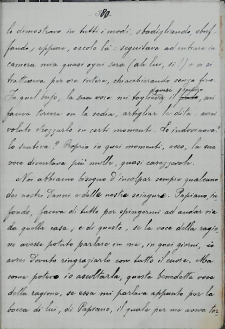Il fu Mattia Pascal, manoscritto della Houghton Library, carta 379r: righe autografe con correzioni in interlinea.